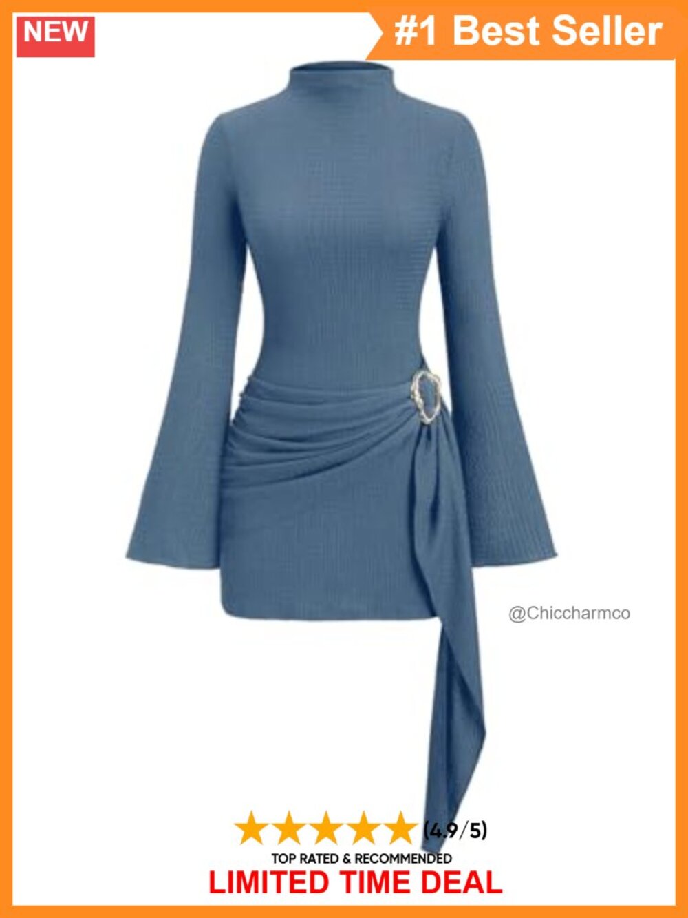 Long Sleeve Mini Dress Tie Waist Ruched Bodycon Flare Sleeve Casual